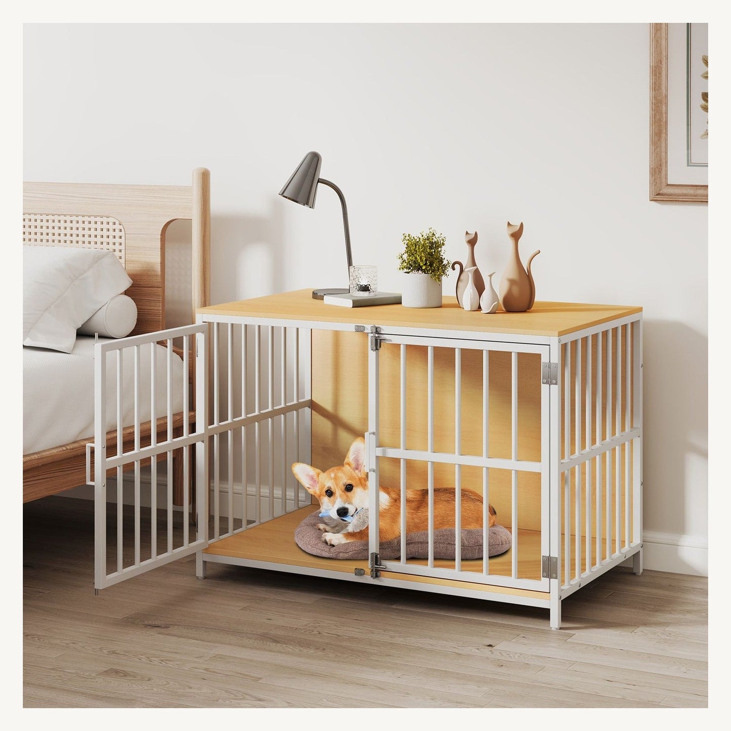 Pawly Double-Door Dog Crate Furniture shown in everyday use