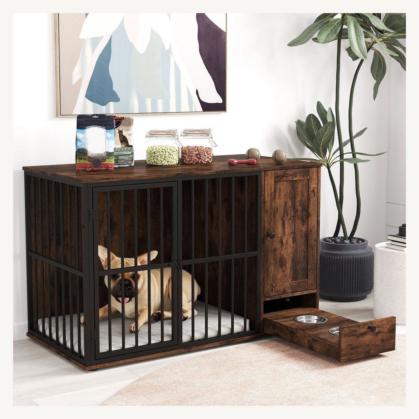 Pawly Dog Crate Furniture with Pull-Out Bowls – product view 4