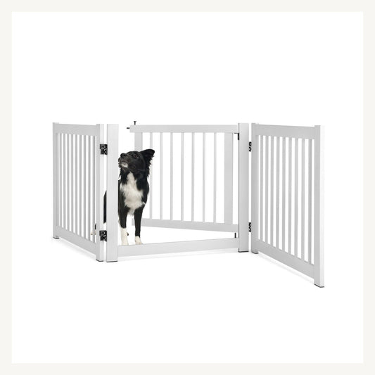Pawly Foldable Dog Gate with Door shown in everyday use