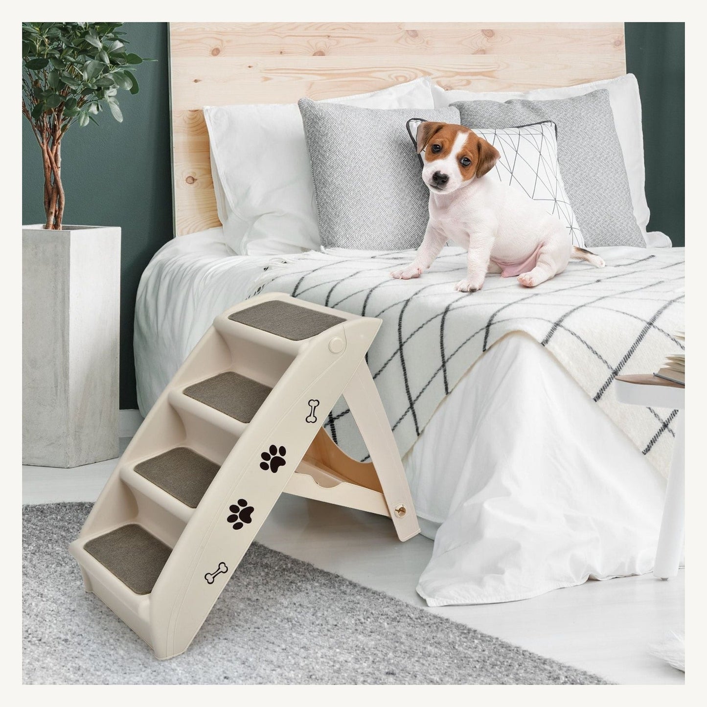 Pawly Foldable Four-Step Dog Stairs shown in everyday use