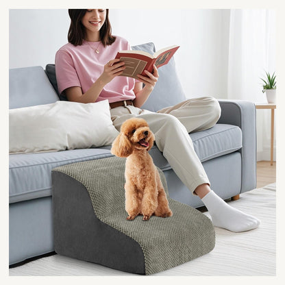 Pawly Two-Tier Foam Dog Ramp shown in everyday use
