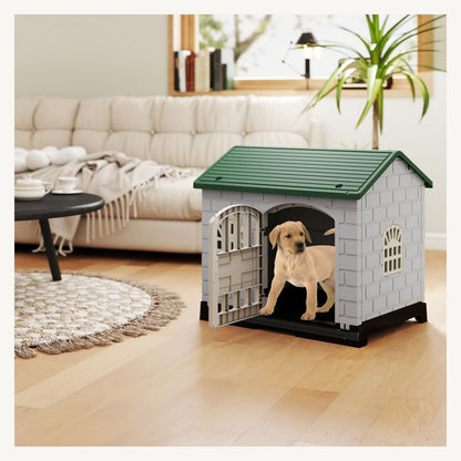 Pawly Weatherproof Pet Shelter with Removable Tray shown in everyday use