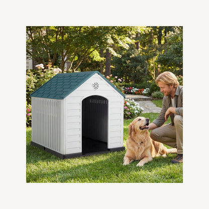 Pawly Large Ventilated Plastic Dog House shown in everyday use