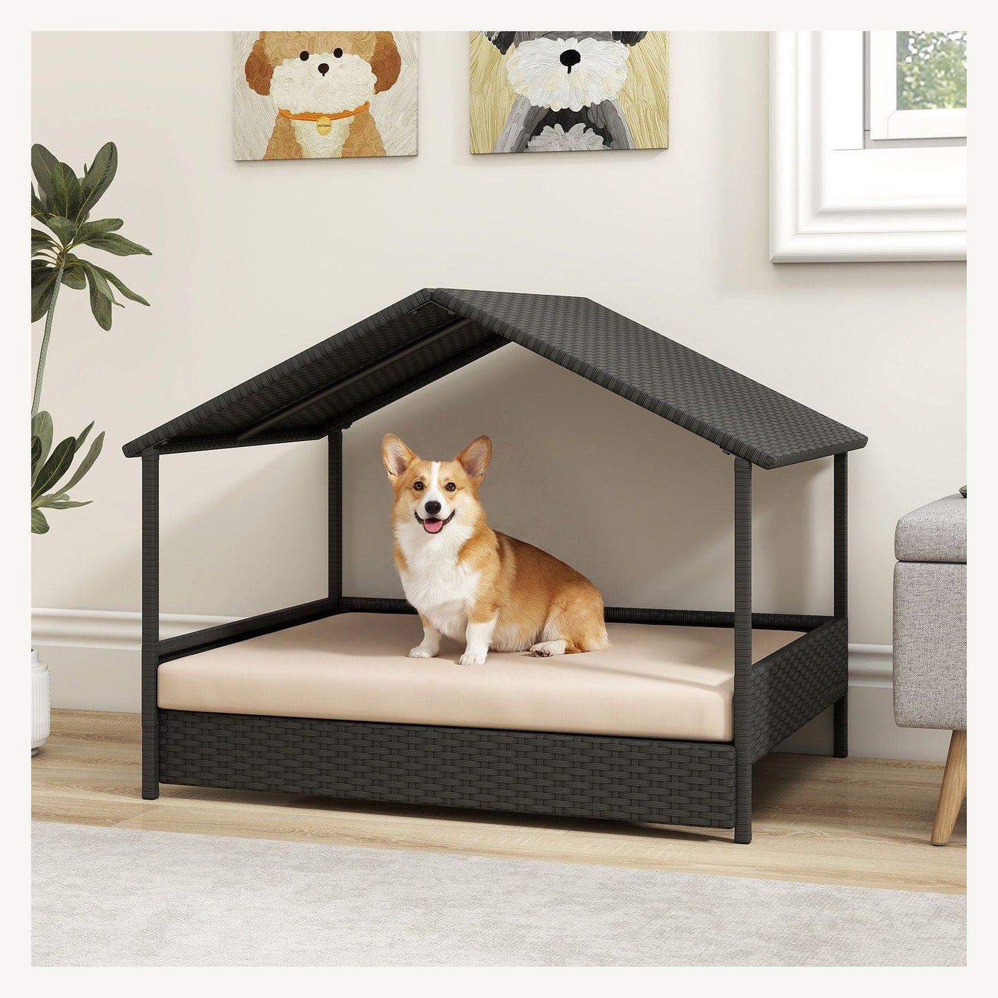 Pawly Wicker Dog House with Canopy shown in everyday use