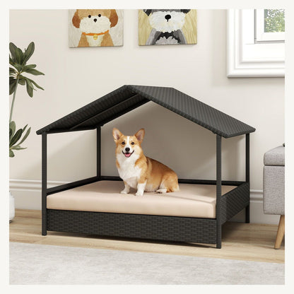 Pawly Wicker Dog House with Canopy shown in everyday use