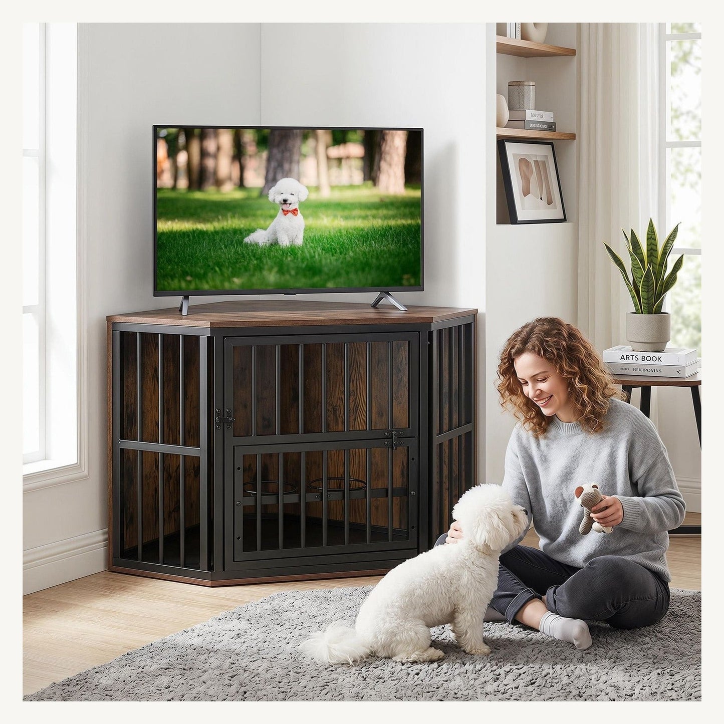 Pawly Dog Crate TV Stand with Bowl Rack – product view 4