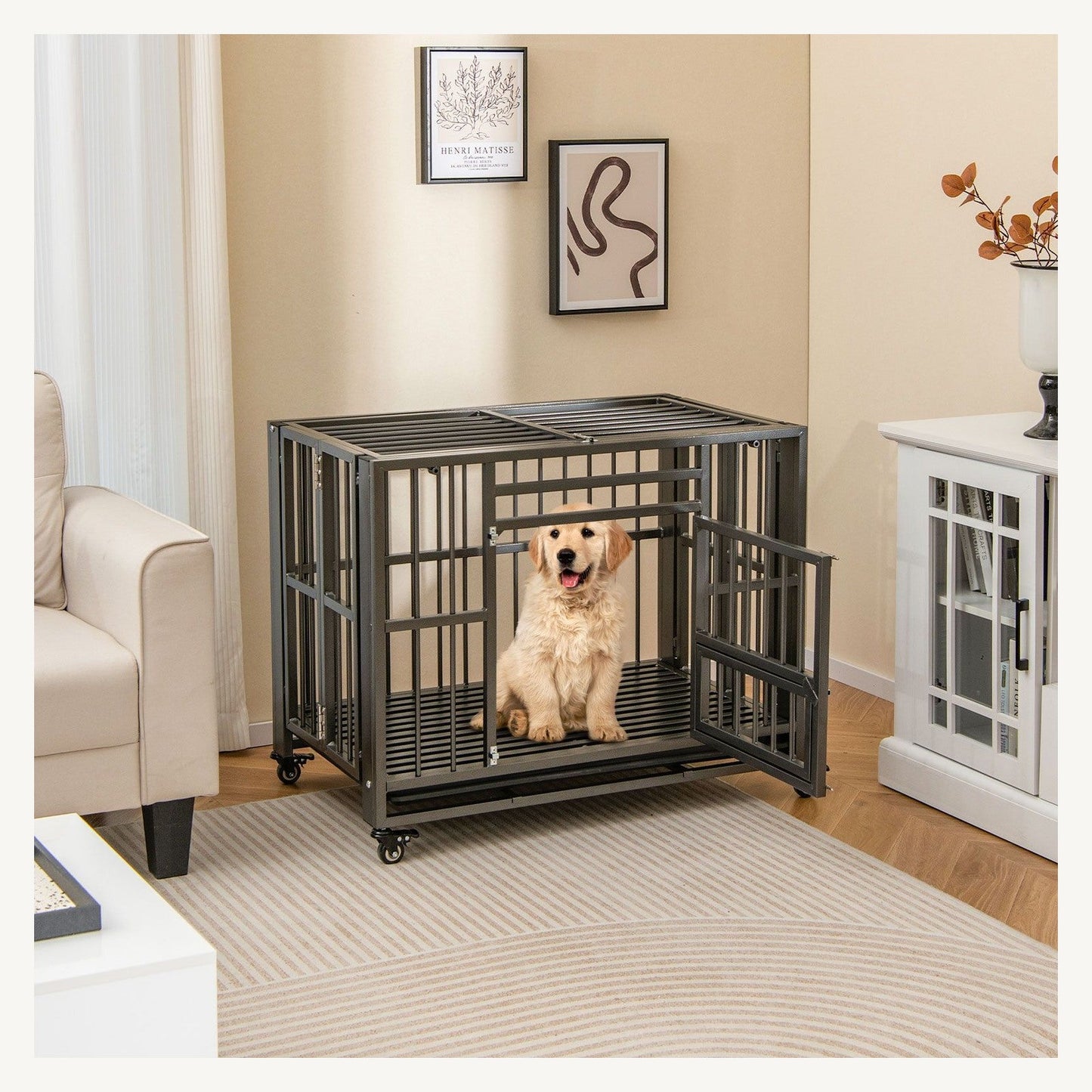 Pawly Foldable Metal Dog Crate shown in everyday use