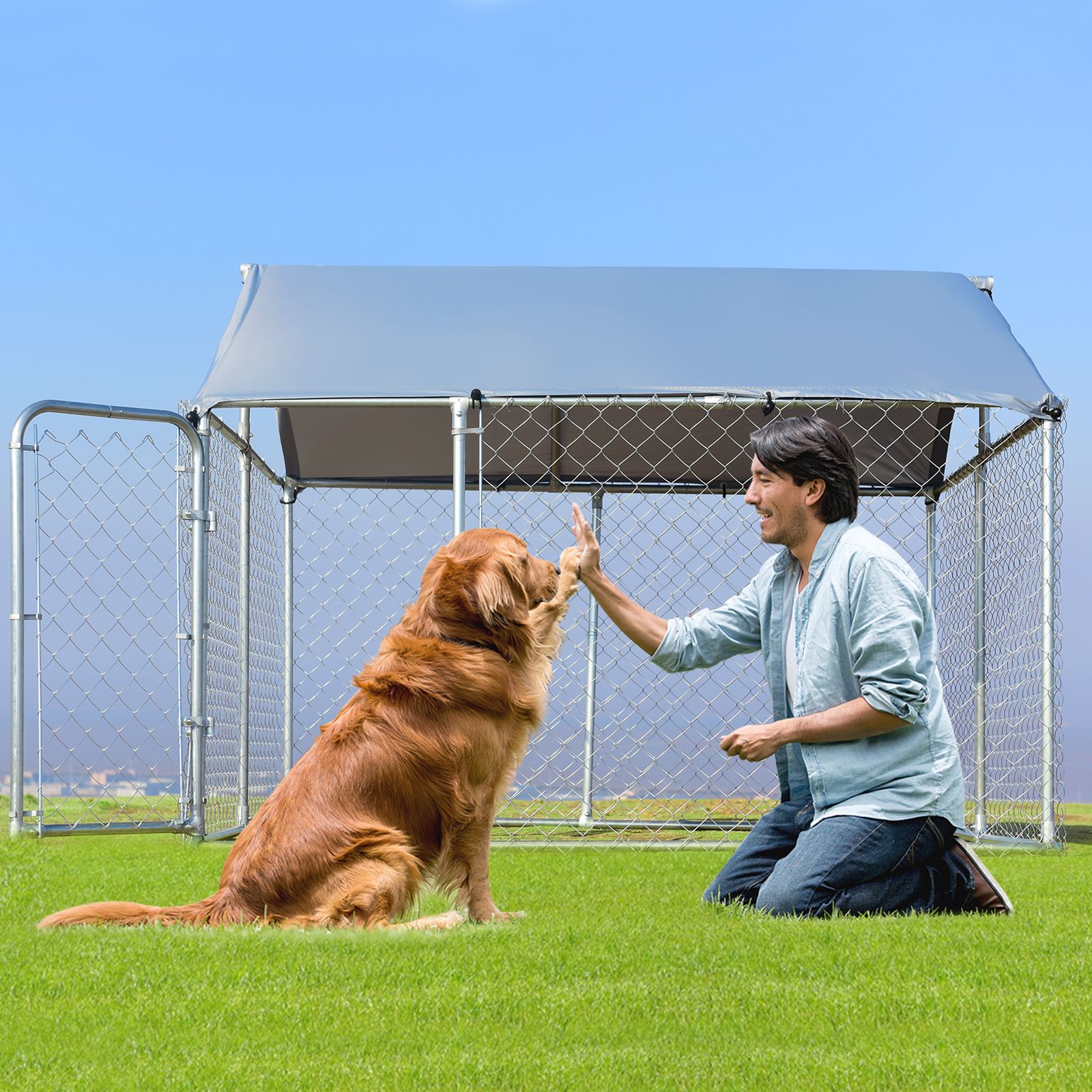Pawly Covered Outdoor Dog Playpen — clean outdoor lifestyle view