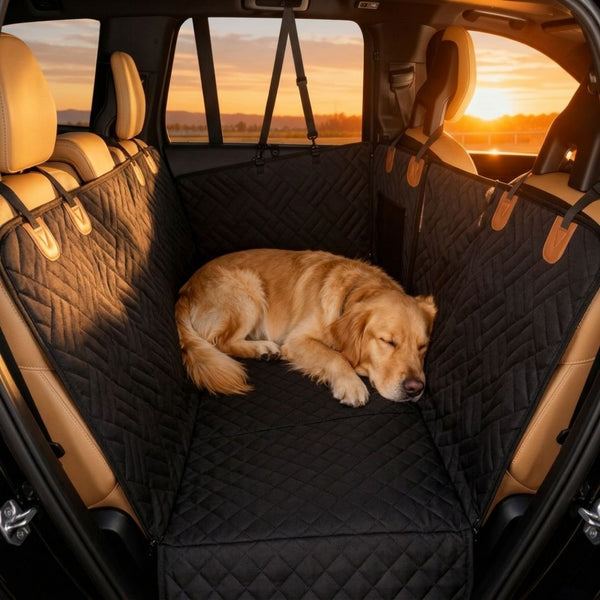 Golden retriever asleep on the Pawly Travel Mat across the back seat
